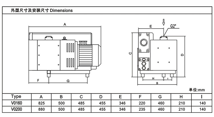 MLV0160静音旋片式真空泵外观尺寸图